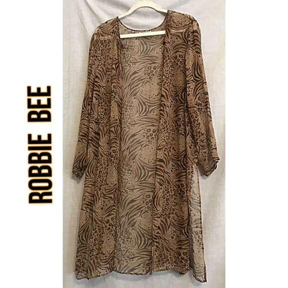 Robbie Bee Brown Patterned Sheer Kimono - Picture 1 of 6